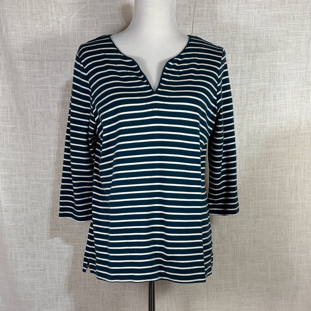 LL Bean women’s Supima cotton 3/4 sleeve notch-neck top - dark teal/white stripe